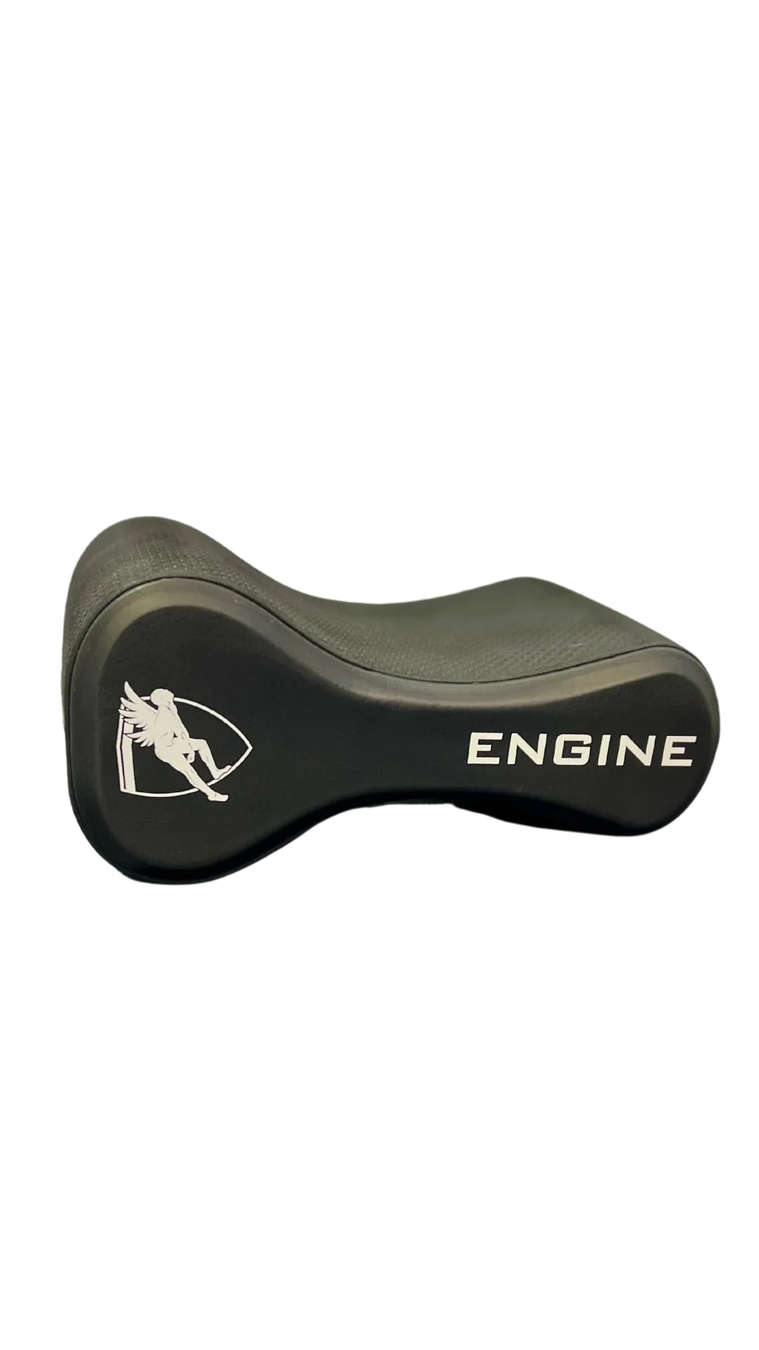 Side view of a black Engine pull buoy designed for swimming training, with a figure-8 shape to improve upper body strength and technique.