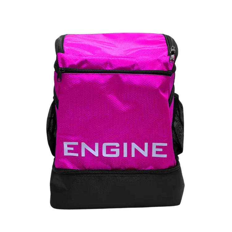 Fuscia pink backpack pro with 'ENGINE' branding