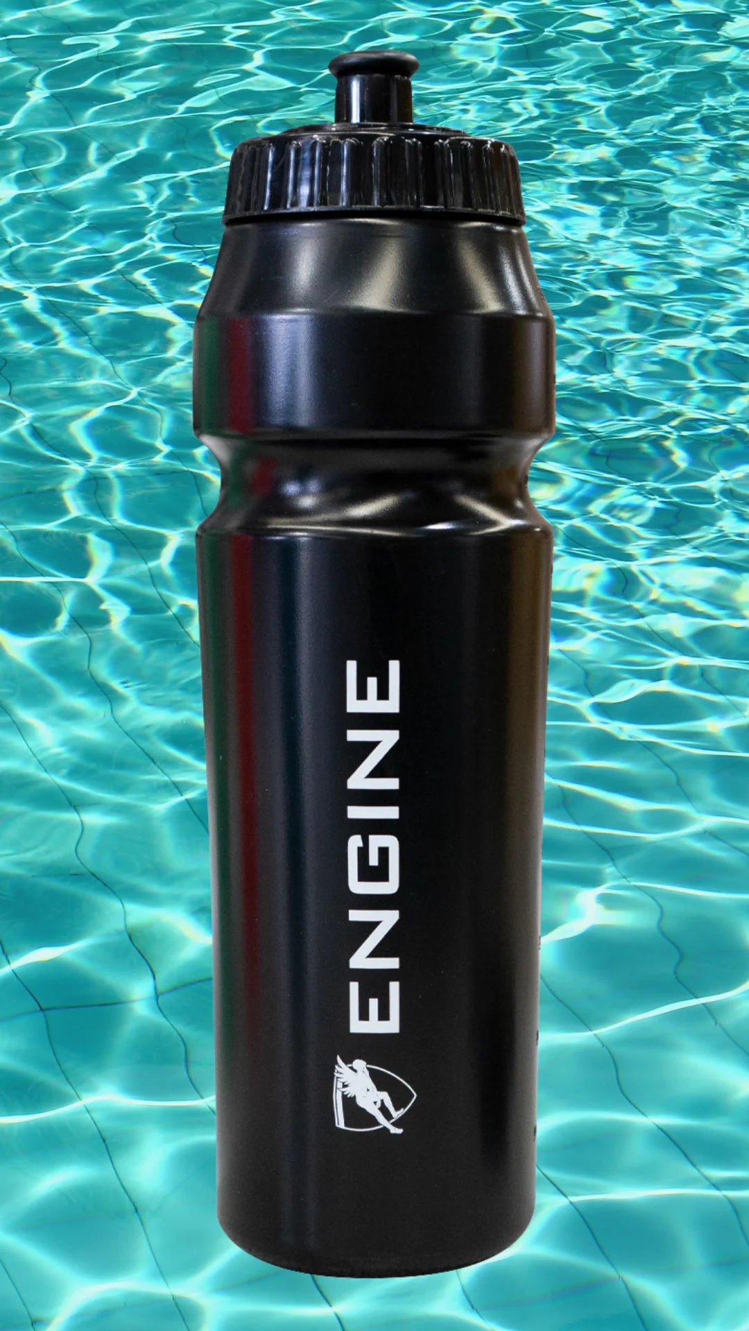Black water bottle with 'ENGINE' logo on a blue water background