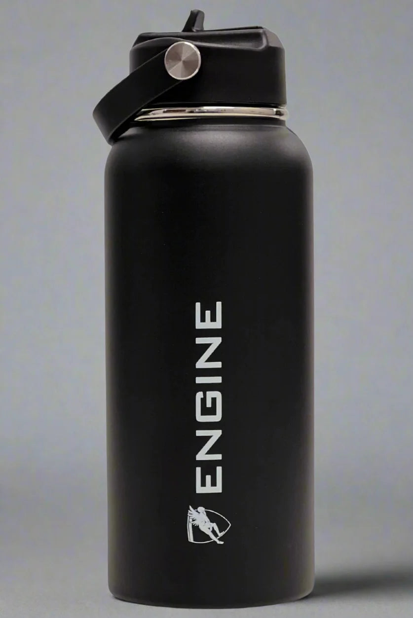 A black insulated water bottle with a matching lid and carrying loop, featuring the word 'ENGINE' printed vertically in white.