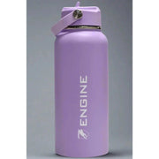 A lavender coloured insulated water bottle with a matching lid and carrying loop, featuring the word 'ENGINE' printed vertically in white.