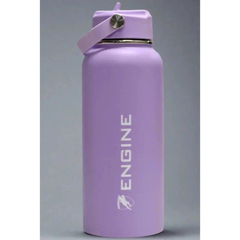 A lavender coloured insulated water bottle with a matching lid and carrying loop, featuring the word 'ENGINE' printed vertically in white.