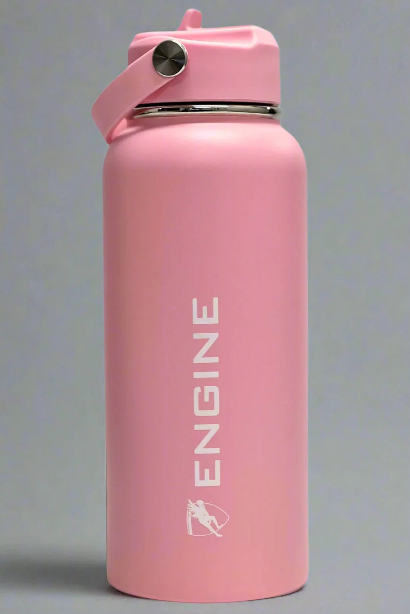 A pink coloured insulated water bottle with a matching lid and carrying loop, featuring the word 'ENGINE' printed vertically in white.