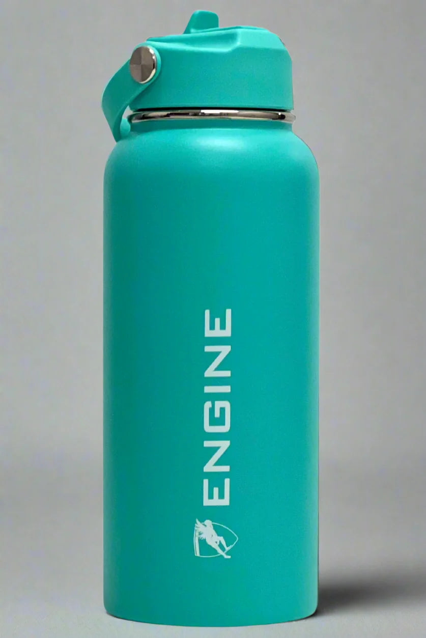 A teal coloured insulated water bottle with a matching lid and carrying loop, featuring the word 'ENGINE' printed vertically in white.