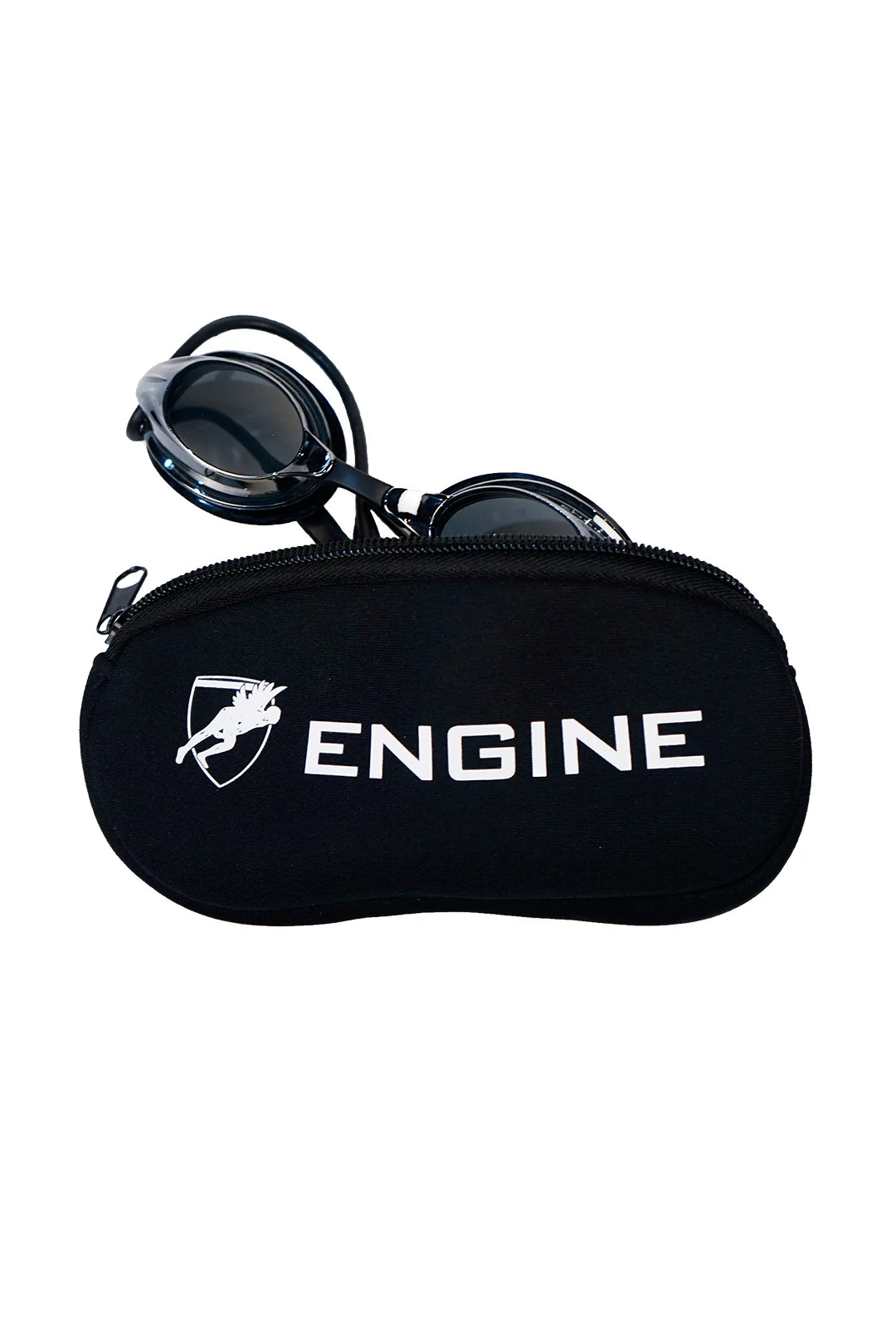 Black soft goggle case with 'ENGINE' branding on showing black googles inside