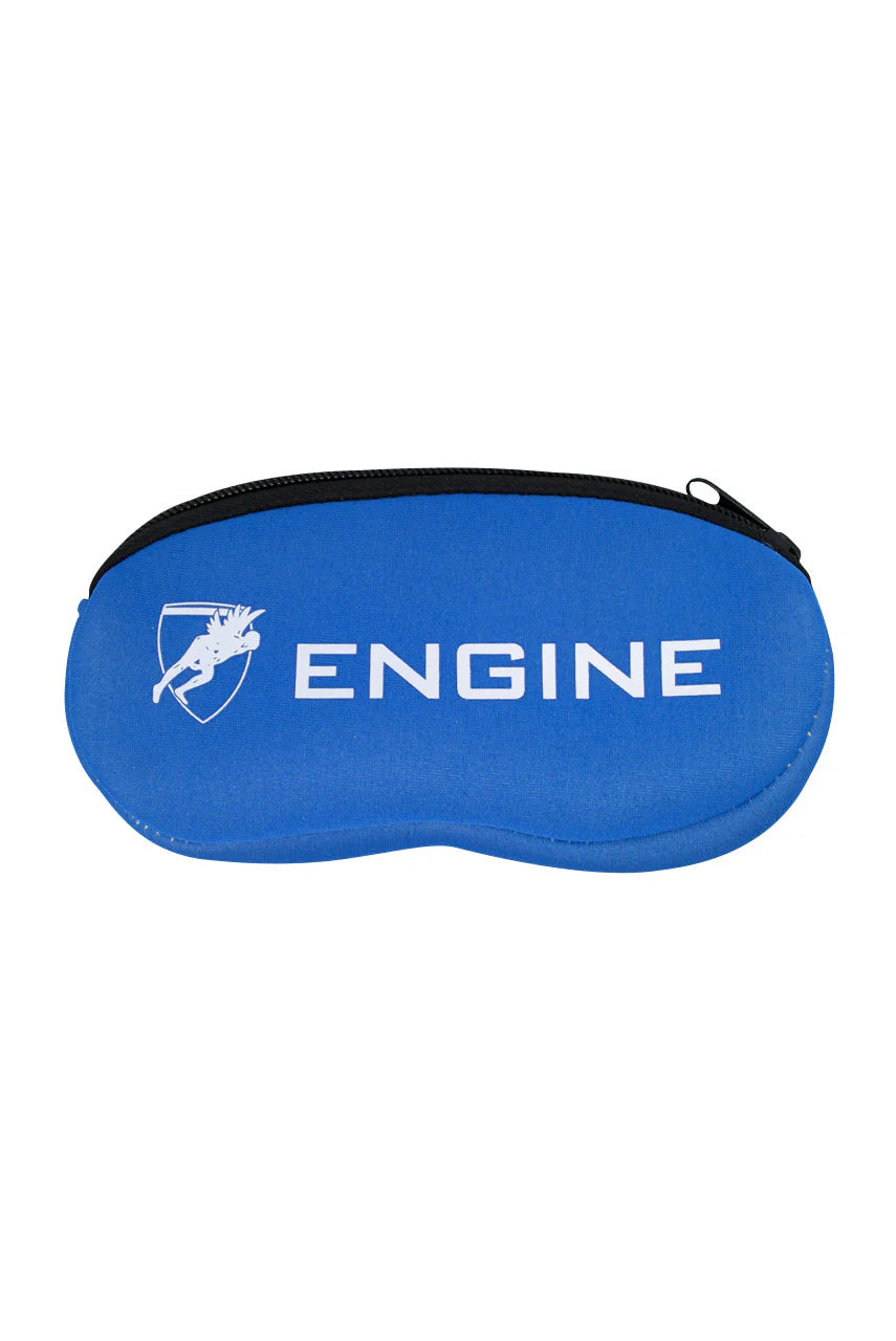 Blue soft goggle case with 'ENGINE' branding on a white background