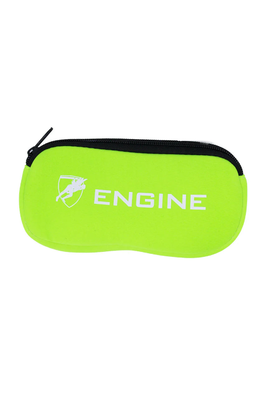 Fluoro green soft goggle case with 'ENGINE' branding on a white background