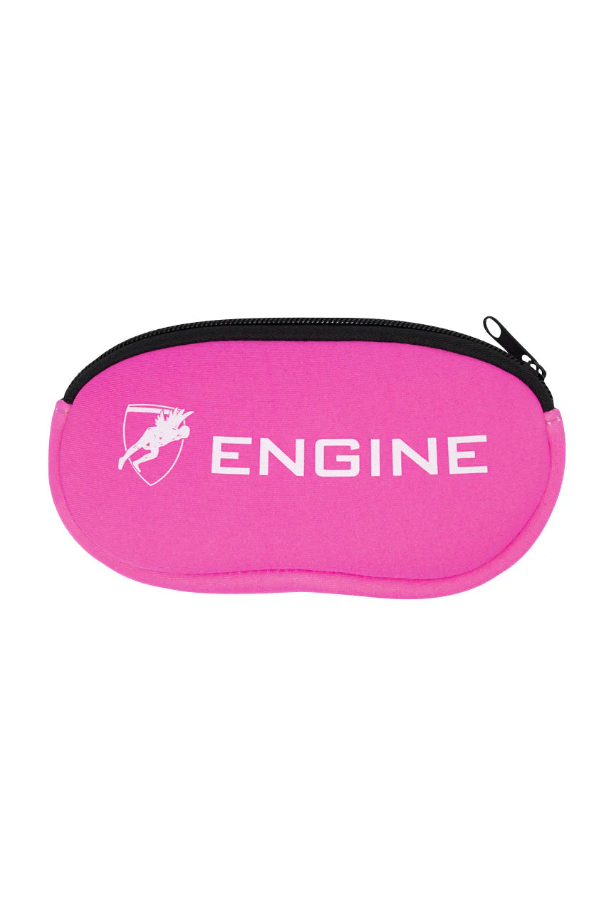 Pink soft goggle case with 'ENGINE' branding on a white background