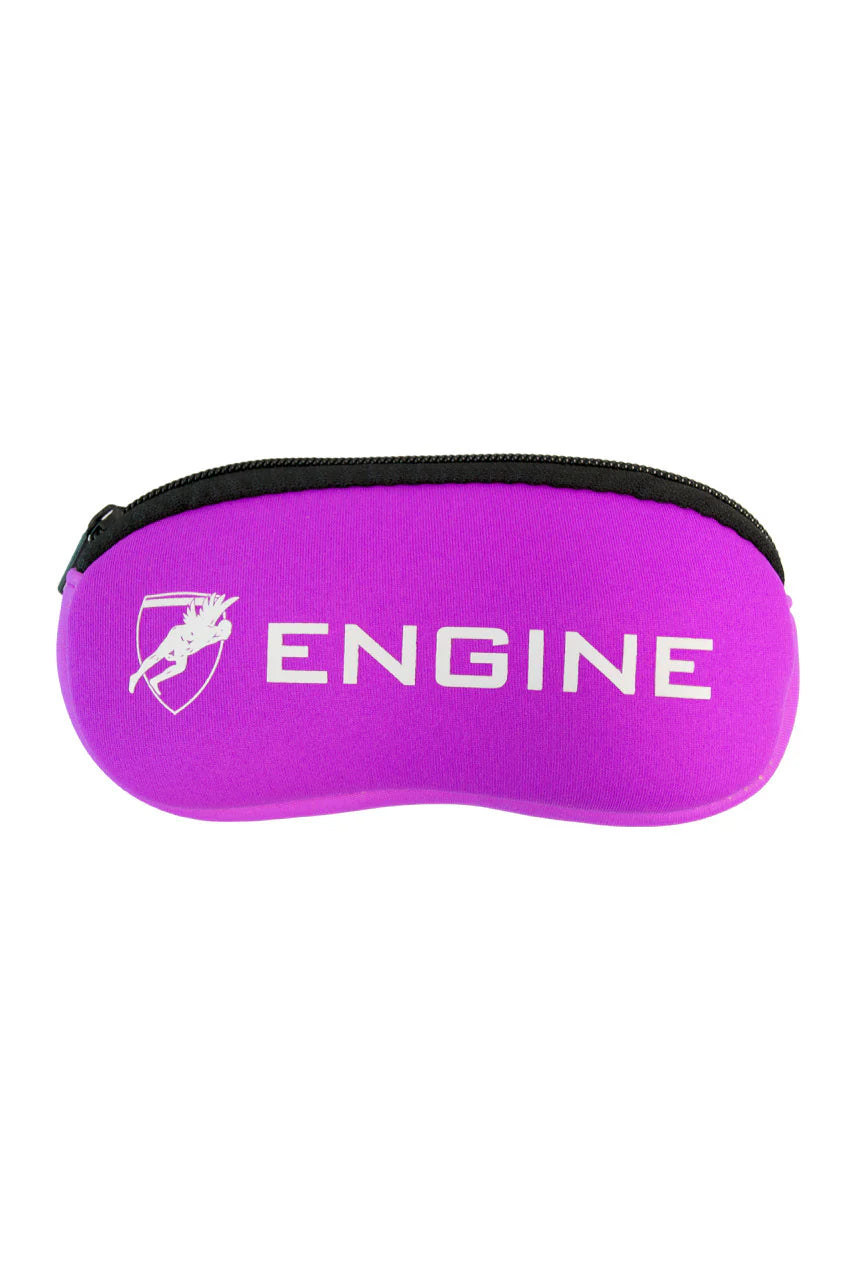Purple soft goggle case with 'ENGINE' branding on a white background