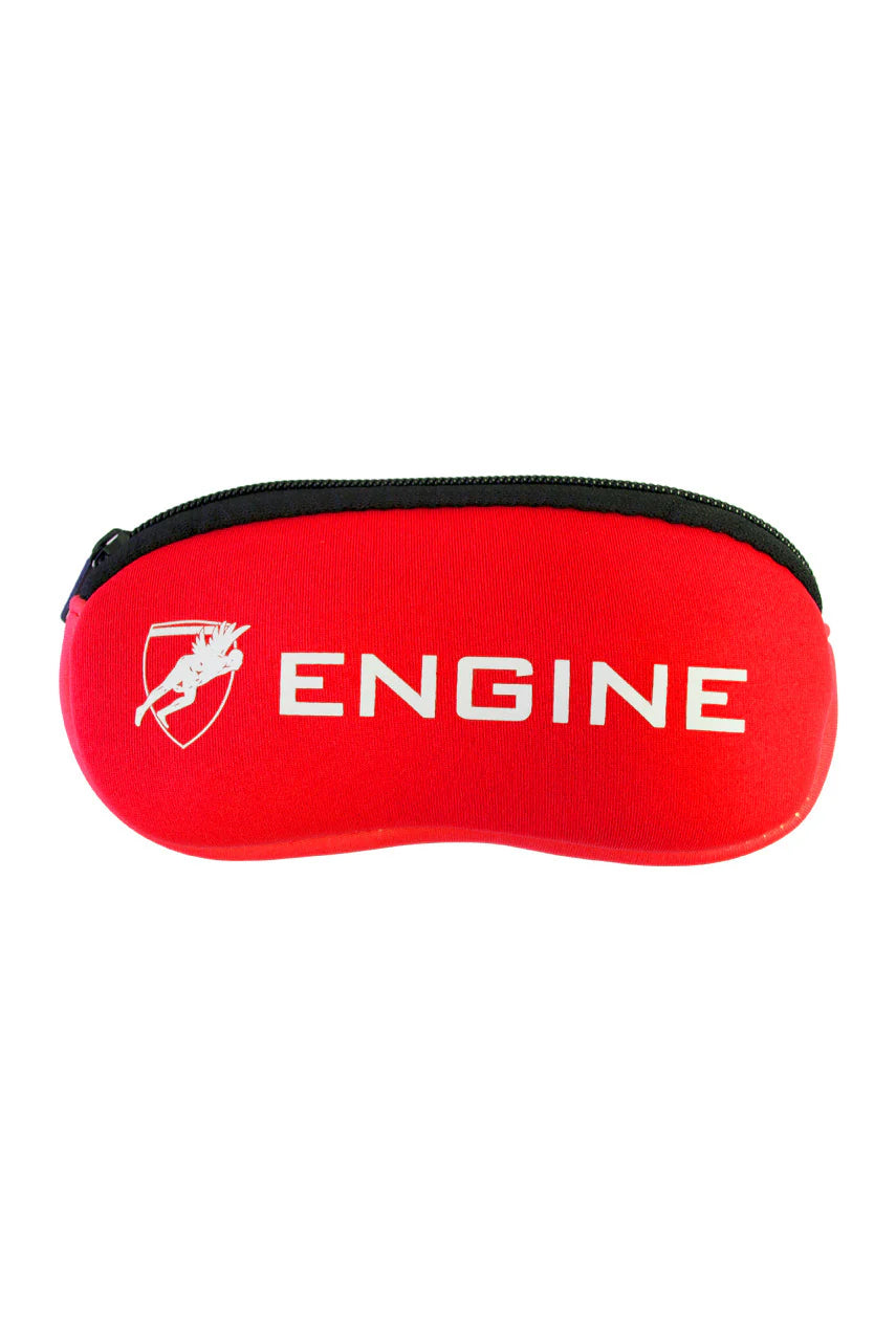 Red soft goggle case with 'ENGINE' branding on a white background