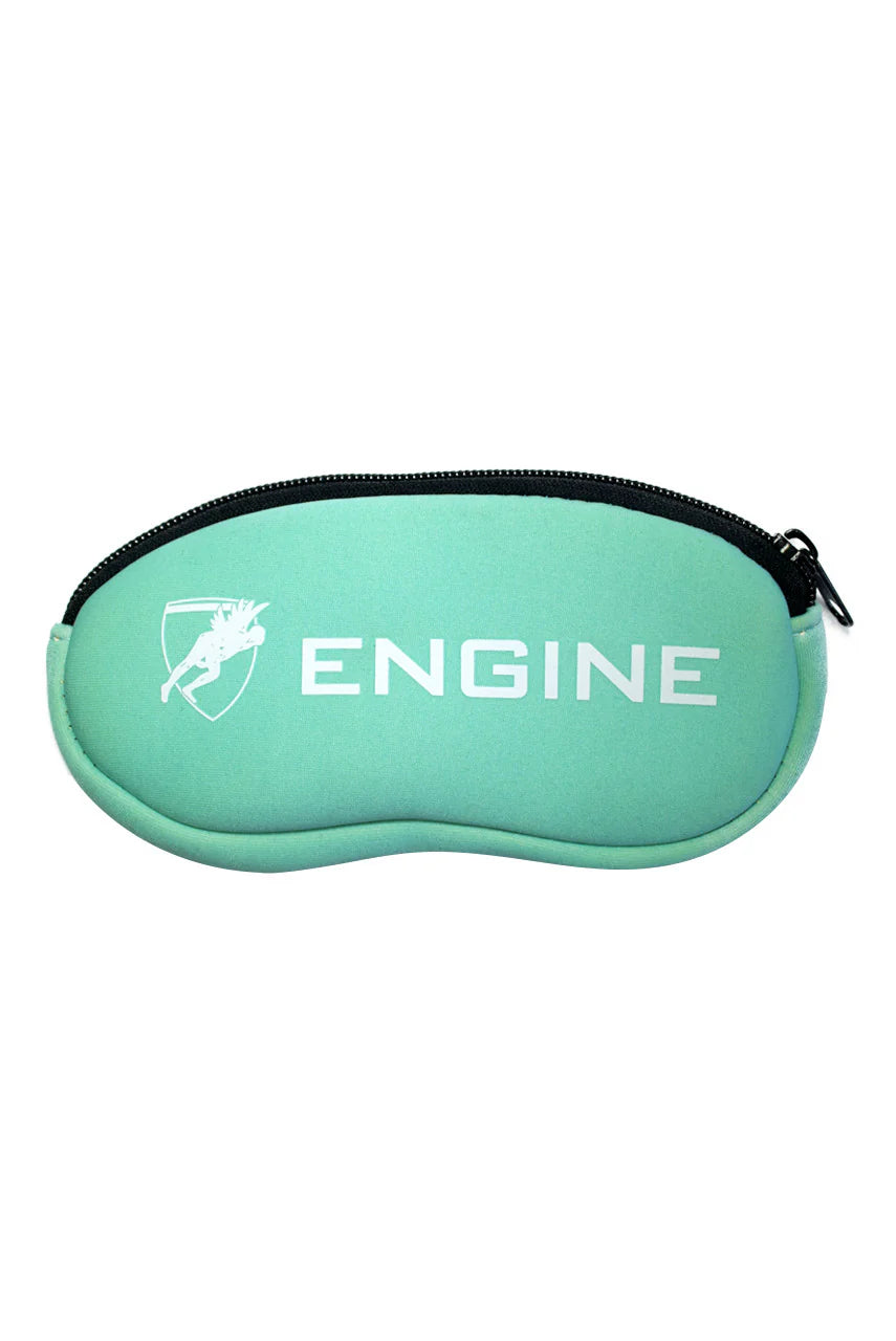 Teal soft goggle case with 'ENGINE' branding on a white background
