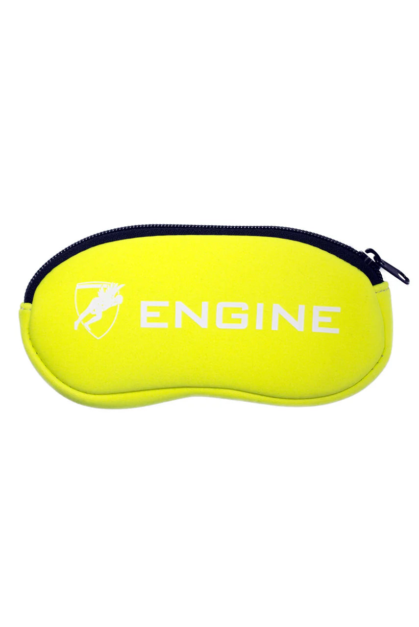 Yellow soft goggle case with 'ENGINE' branding on a white background