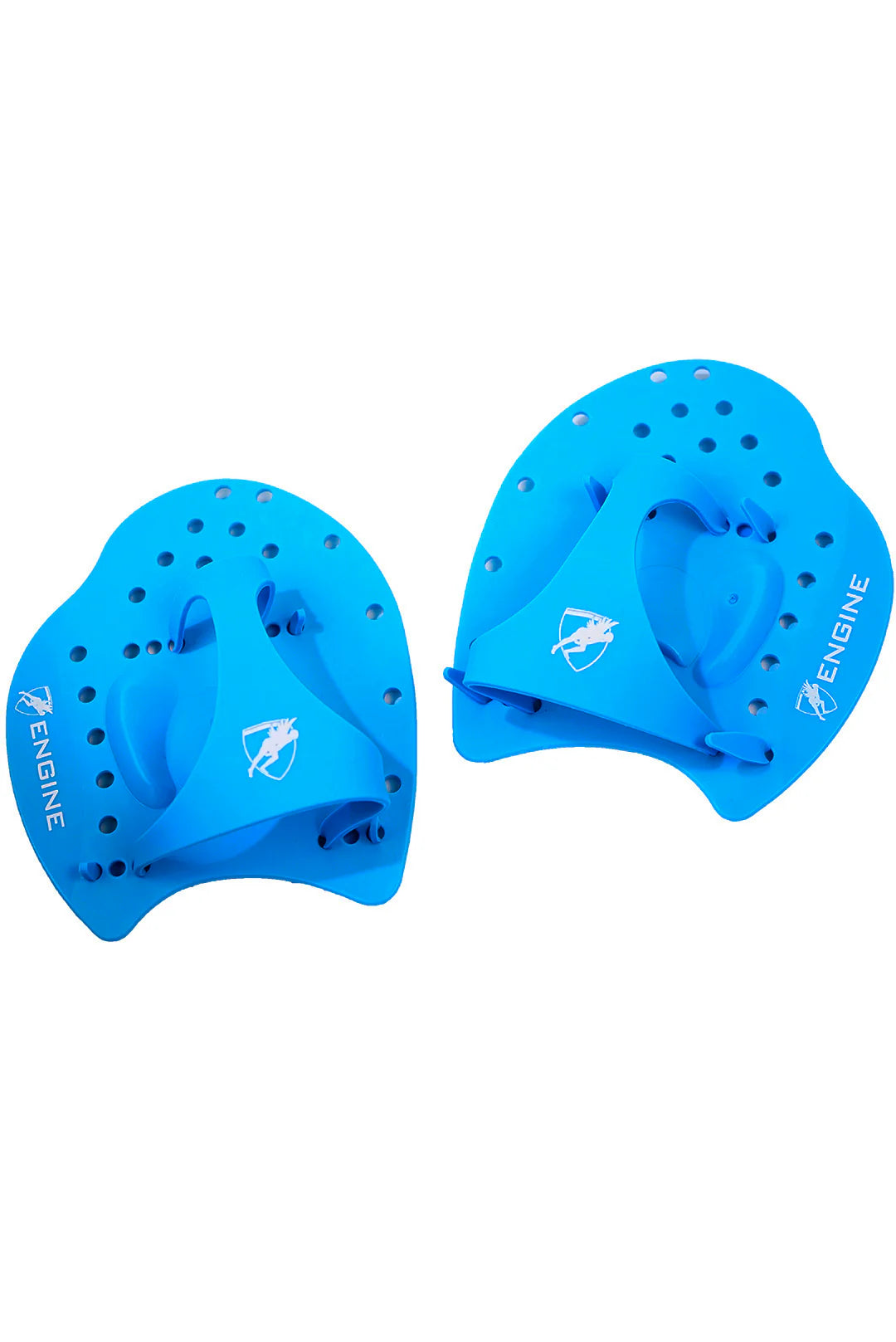 Pair of blue swim paddles with 'Engine' branding on a white background