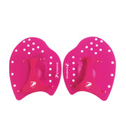Pair of pink swim paddles with 'Engine' branding on a white background