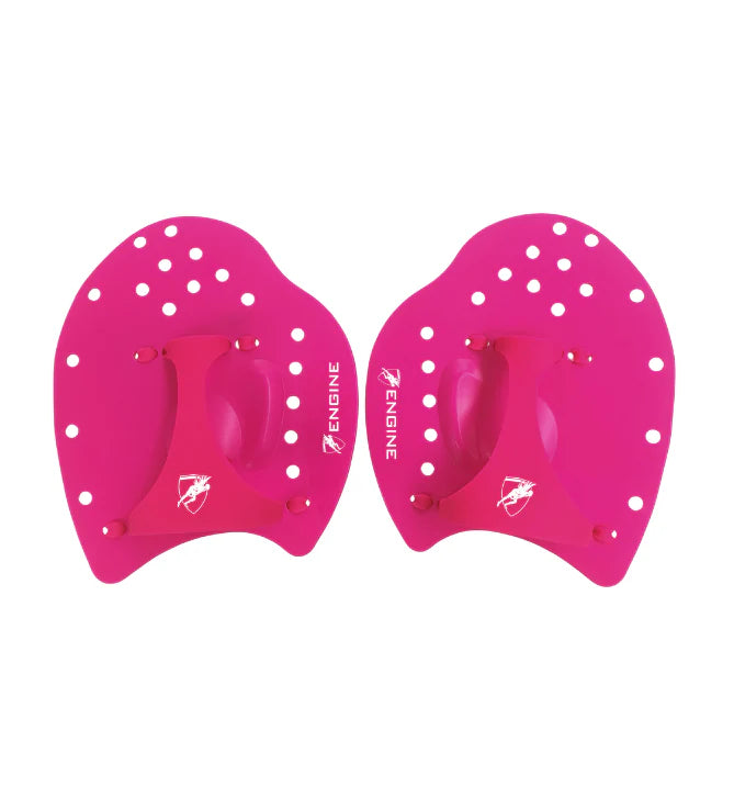 Pair of pink swim paddles with 'Engine' branding on a white background