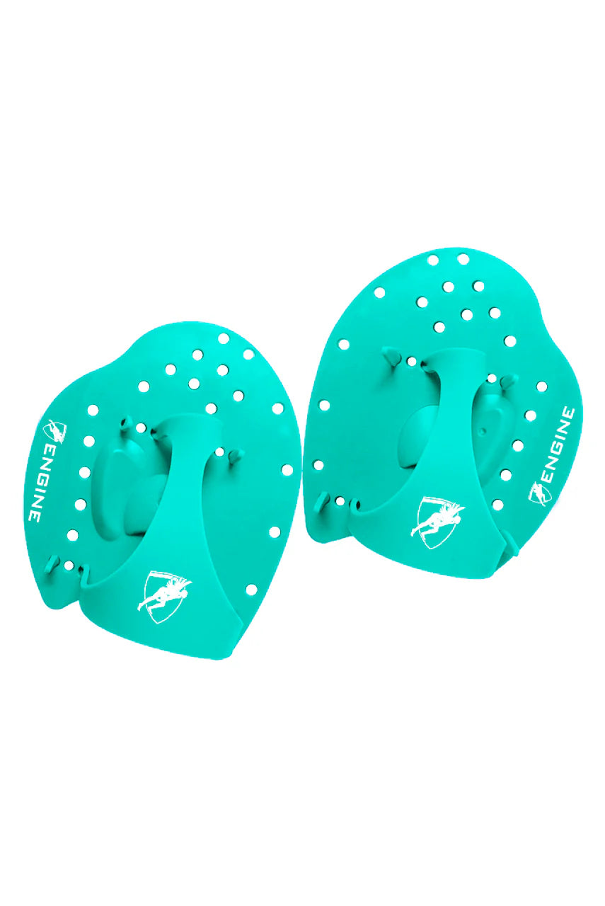 Pair of turqua swim paddles with 'Engine' branding on a white background