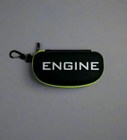 Black goggle case with 'ENGINE' branding on and green trim