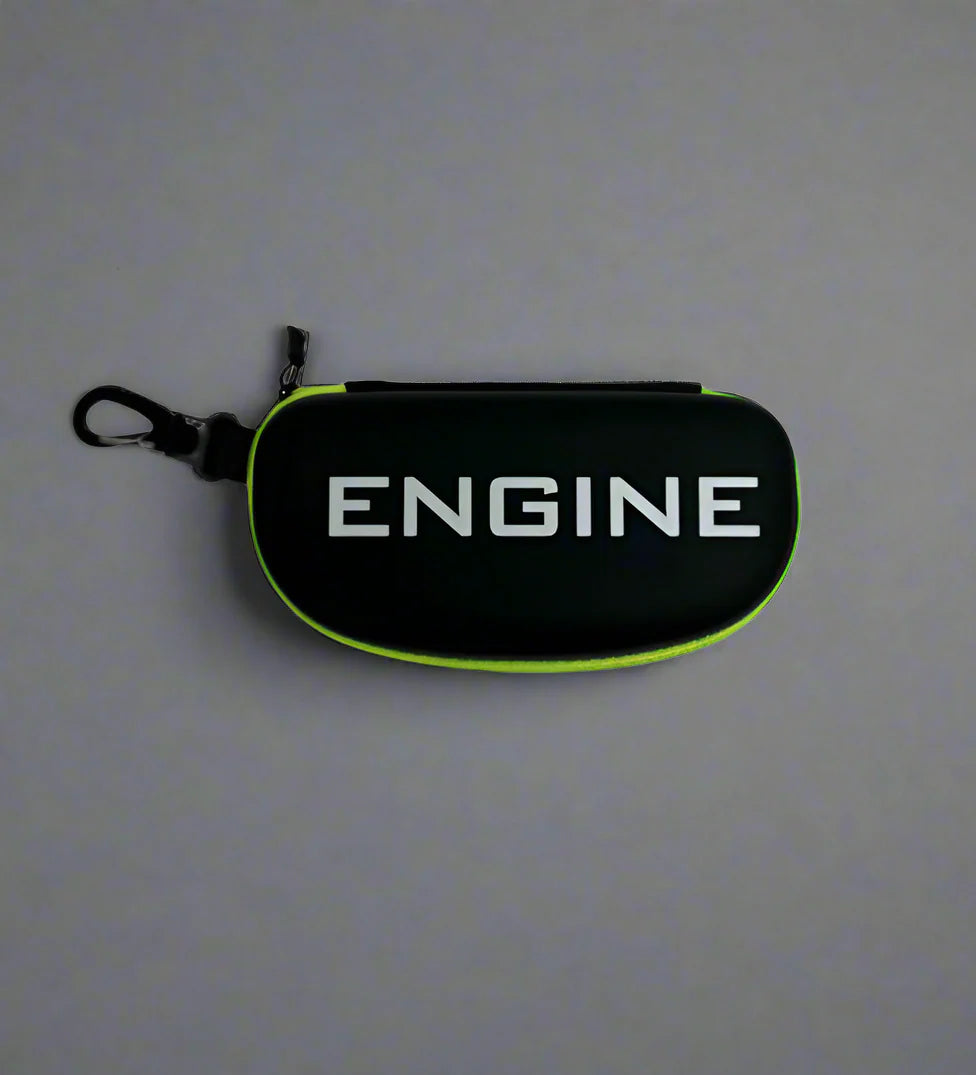 Black goggle case with 'ENGINE' branding on and green trim