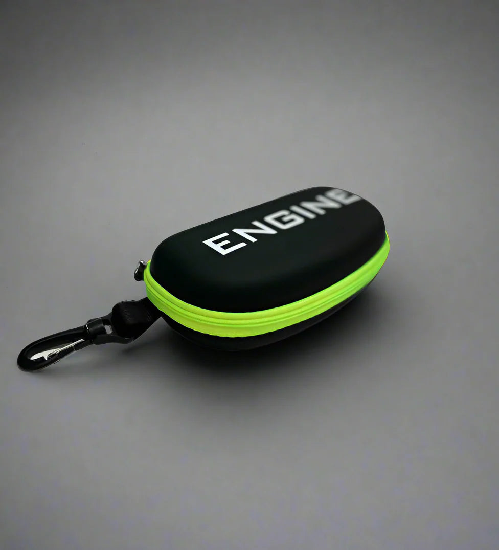 Black goggle case with 'ENGINE' branding on and green trim