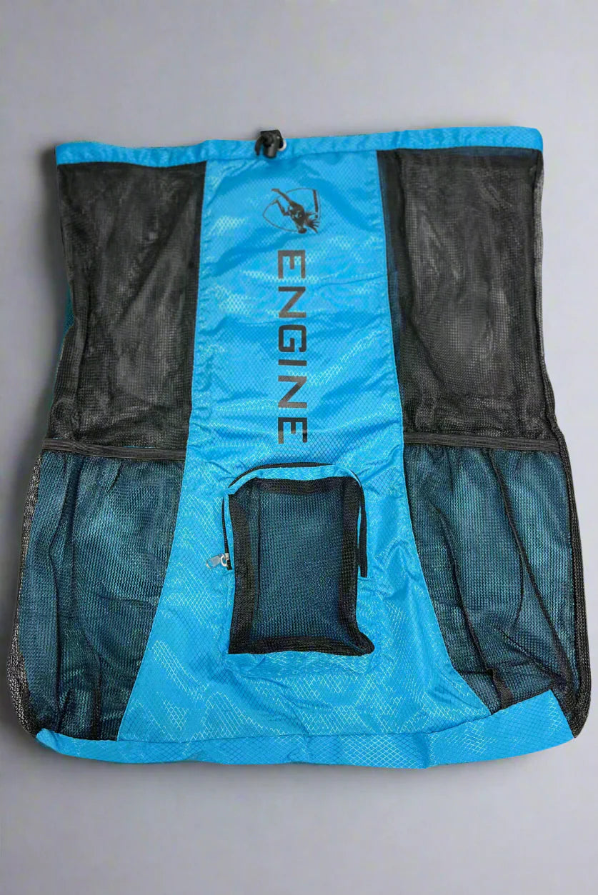 Blue drawstring mesh bag with 'Engine' branding on a grey background