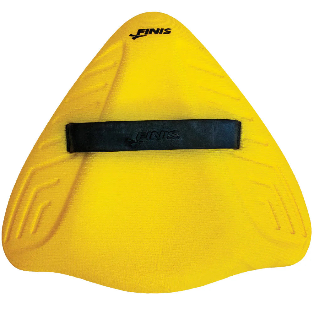 Yellow FINIS alignment kickboard on a white background