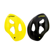 Yellow and black FINIS swim paddles on a white background