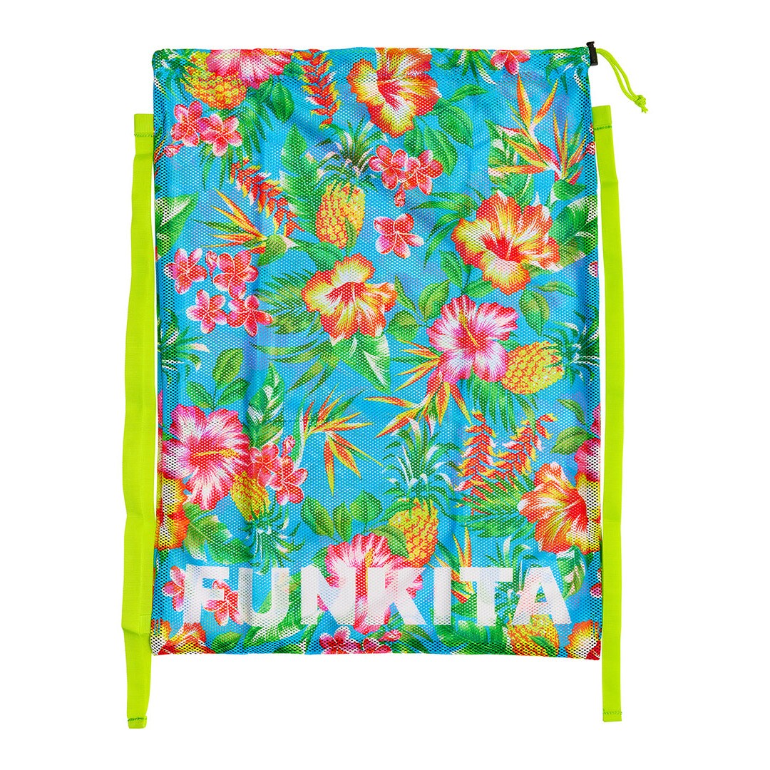 A multicolored floral mesh gear bag with Funkita branding and bright green straps.