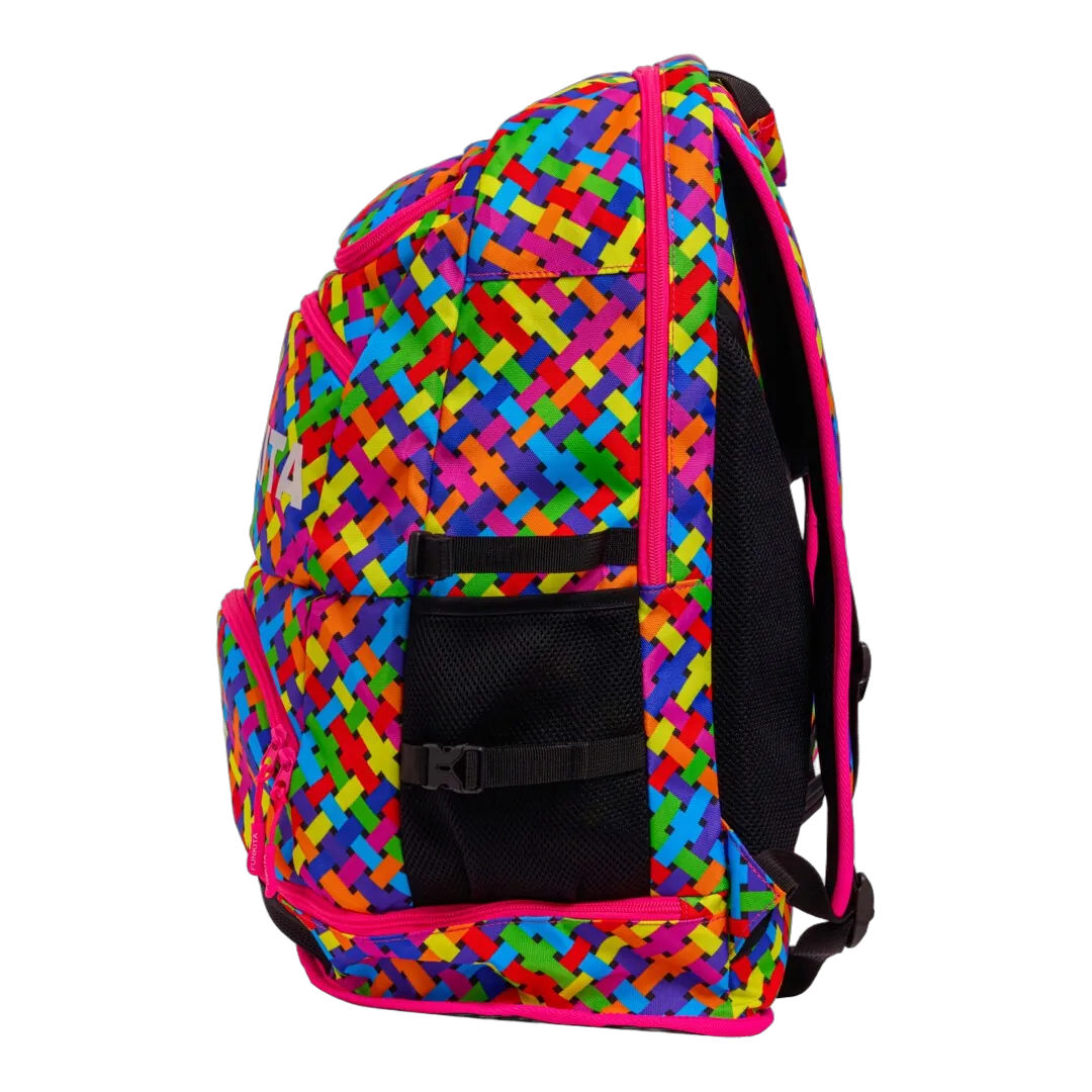 Colourful woven-patterned backpack with pink accents featuring the brand 'Funkita' on the left side