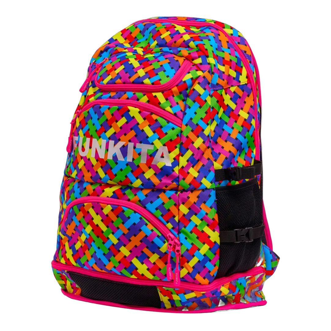 Colourful woven-patterned backpack with pink accents featuring the brand 'Funkita' on an angled view