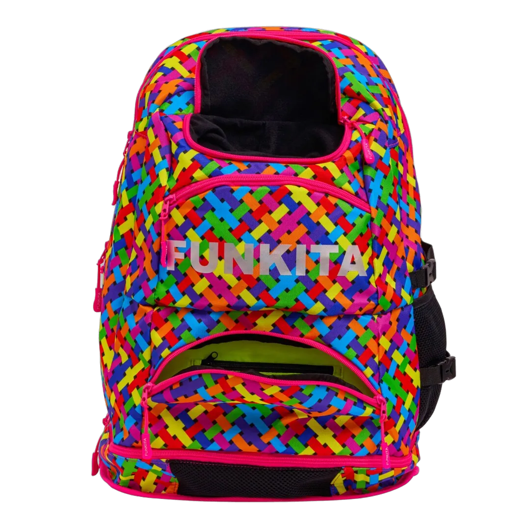 Colourful woven-patterned backpack with pink accents featuring the brand 'Funkita' with front pockets open