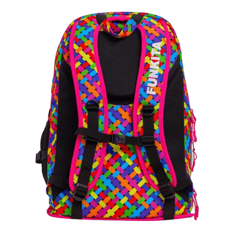 Colourful woven-patterned backpack with pink accents featuring the brand 'Funkita'