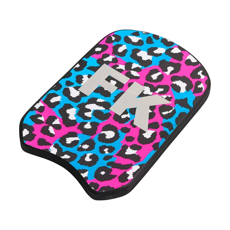 Blue and Pink Leopard print "FK" branded swimming kickboard on an angle