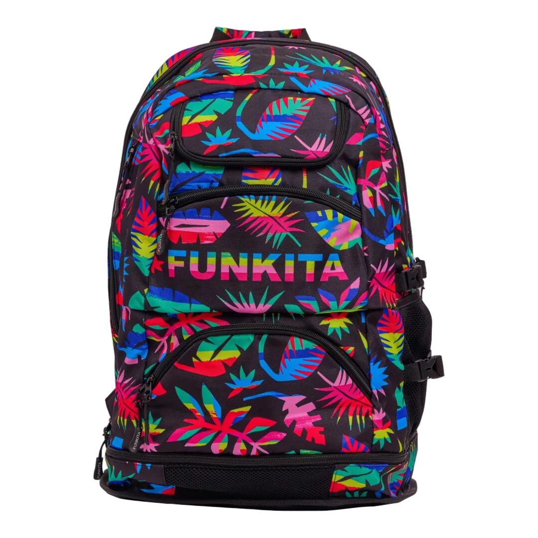 Backpack with colourful leaf pattern and 'Funkita' branding