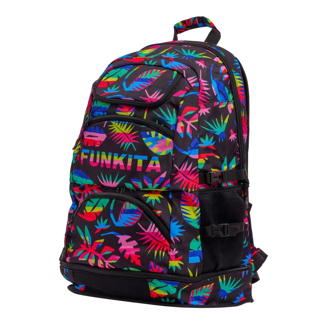 Backpack with colourful leaf pattern and 'Funkita' branding on an angled view