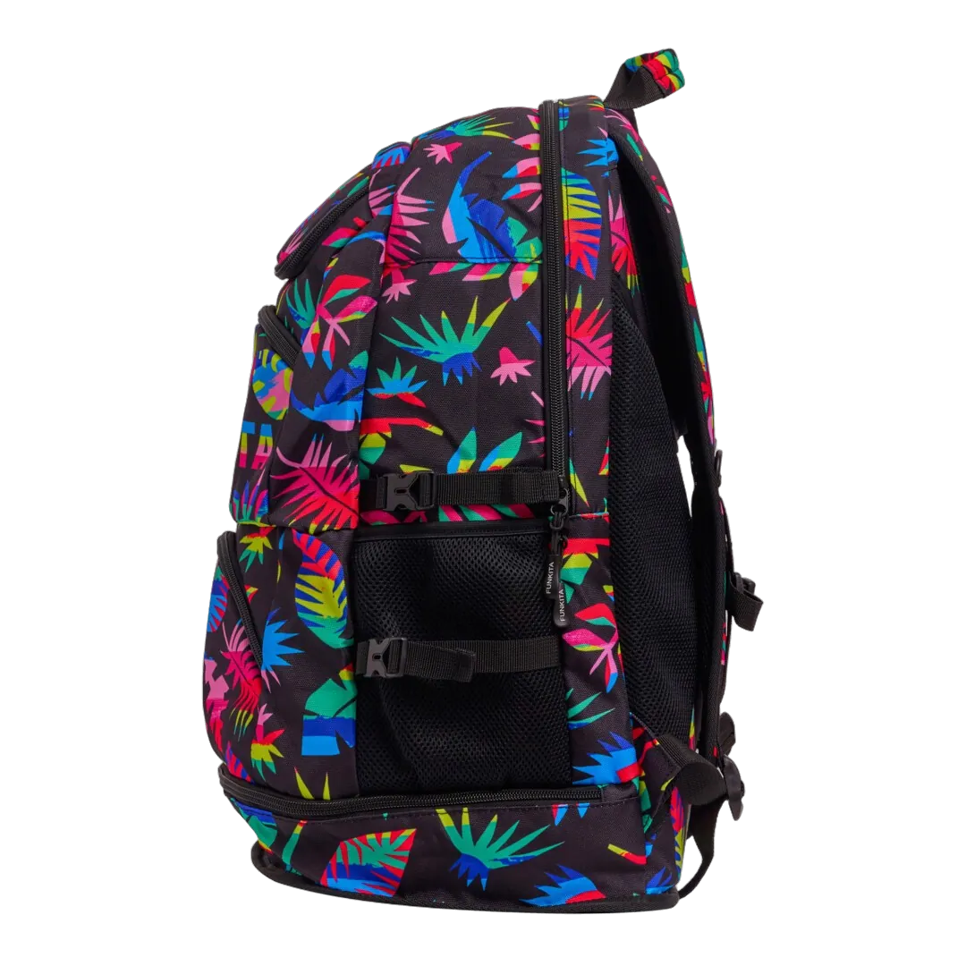 Black Funkita Backpack with colourful leaf pattern left side