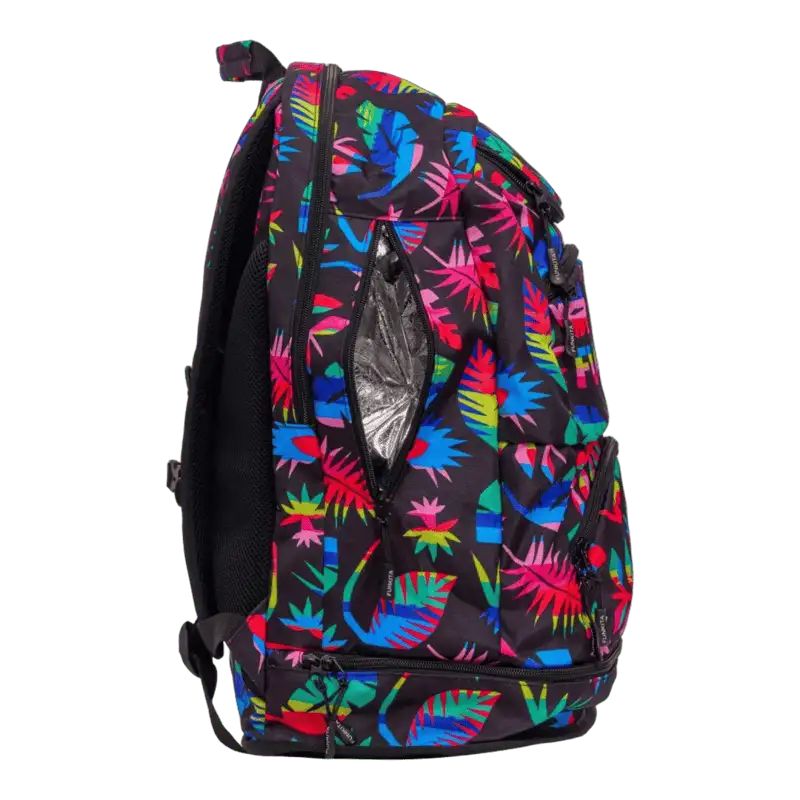 Backpack with colourful leaf pattern and 'Funkita' branding