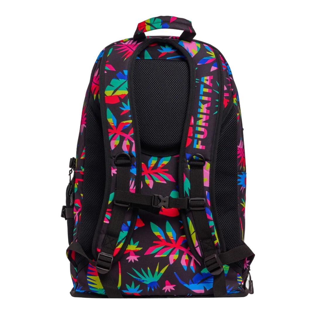Black Funkita Backpack with colourful leaf pattern back straps