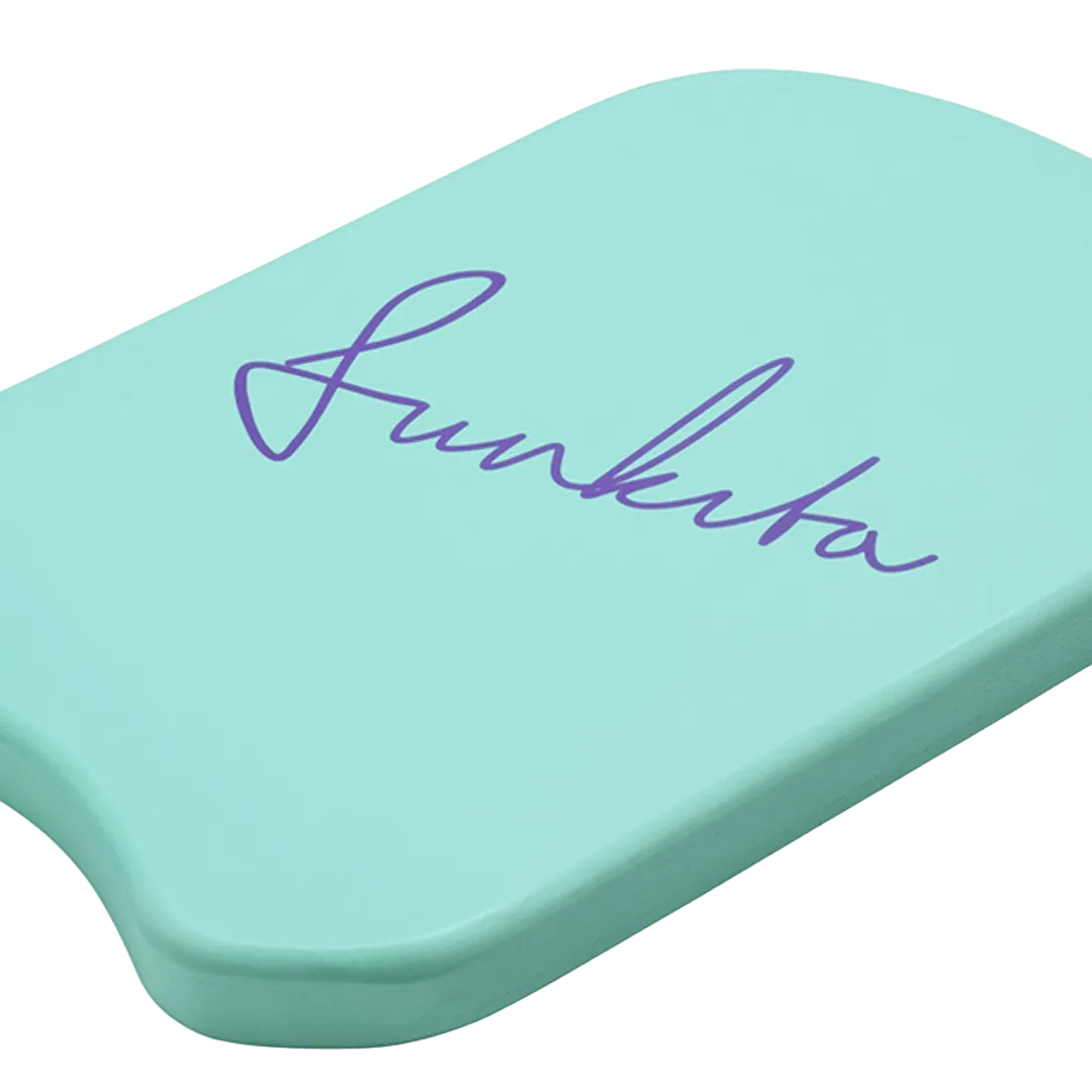 Turquoise swimming kickboard with purple 'Funkita' branding viewed on an angle