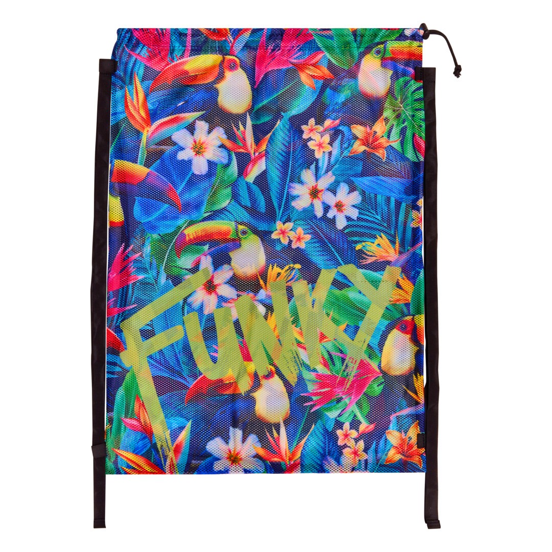 Colorful drawstring mesh swimming bag with tropical patterns and the word 'Funky' on a white background
