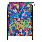 Colorful drawstring mesh swimming bag with tropical patterns and the word 'Funky' on a white background