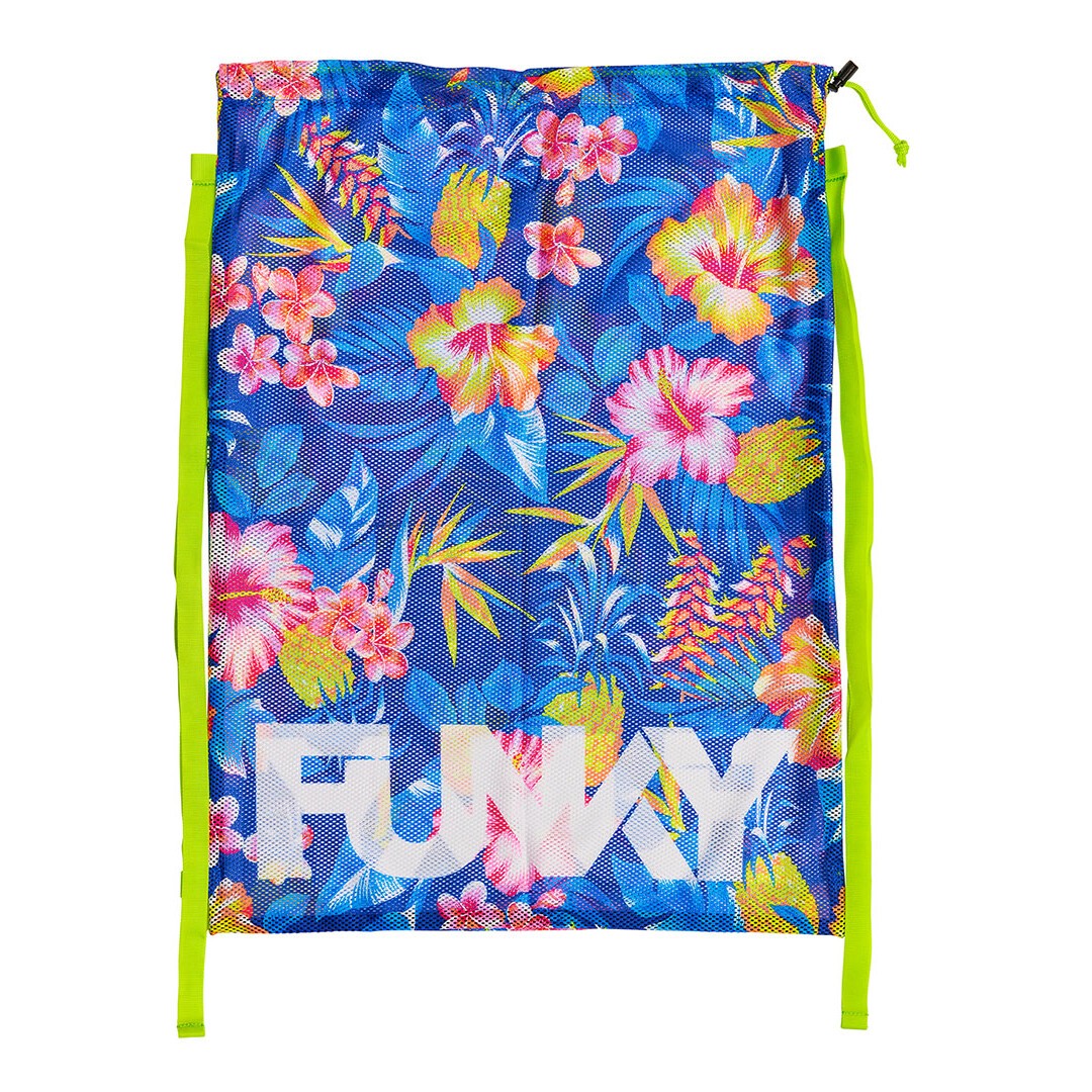 Drawstring mesh swimming bag with tropical floral pattern and 'FUNKY' branding on a blue background