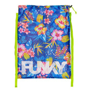 Drawstring mesh swimming bag with tropical floral pattern and 'FUNKY' branding on a blue background
