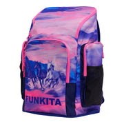 Pink and purple swimming backpack with horse design and 'Funkita' branding on a white background