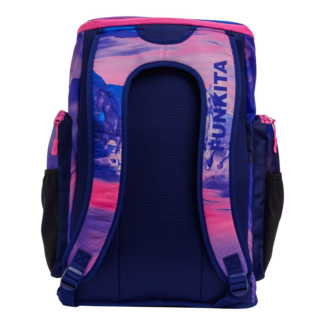 Back view of a pink and purple swimming backpack with horse design and 'Funkita' branding on the shoulder straps