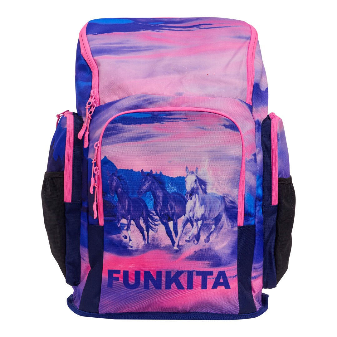 Pink and purple swimming backpack with horse design and 'Funkita' branding on a white background