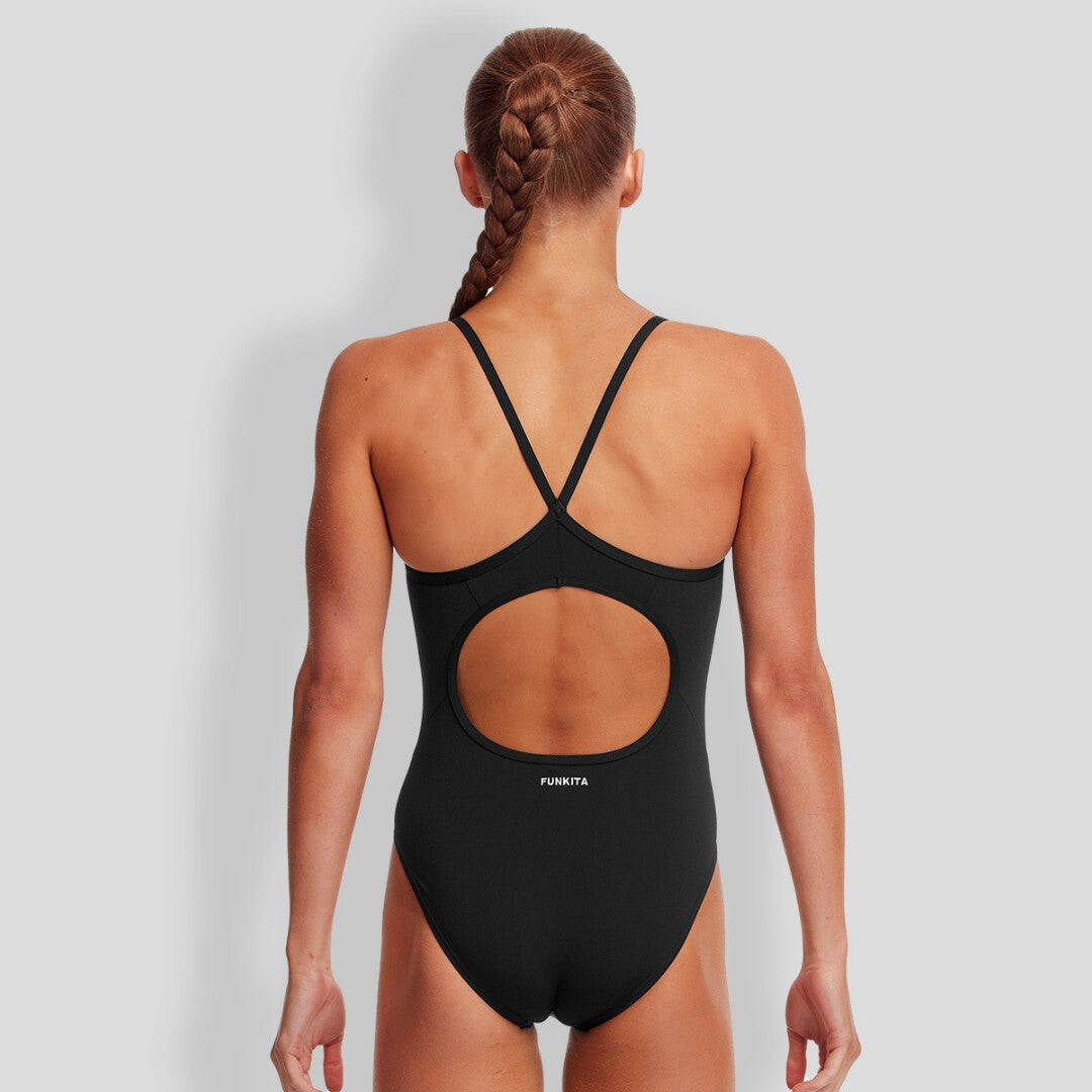 Black swimsuit with cutout diamond design on a plain background with 'Funkita' logo in white
