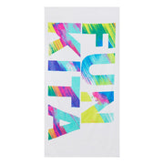 Colourful abstract pattern showing the "Funkita' branding on a white towel