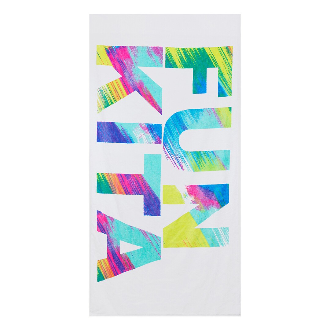 Colourful abstract pattern showing the "Funkita' branding on a white towel