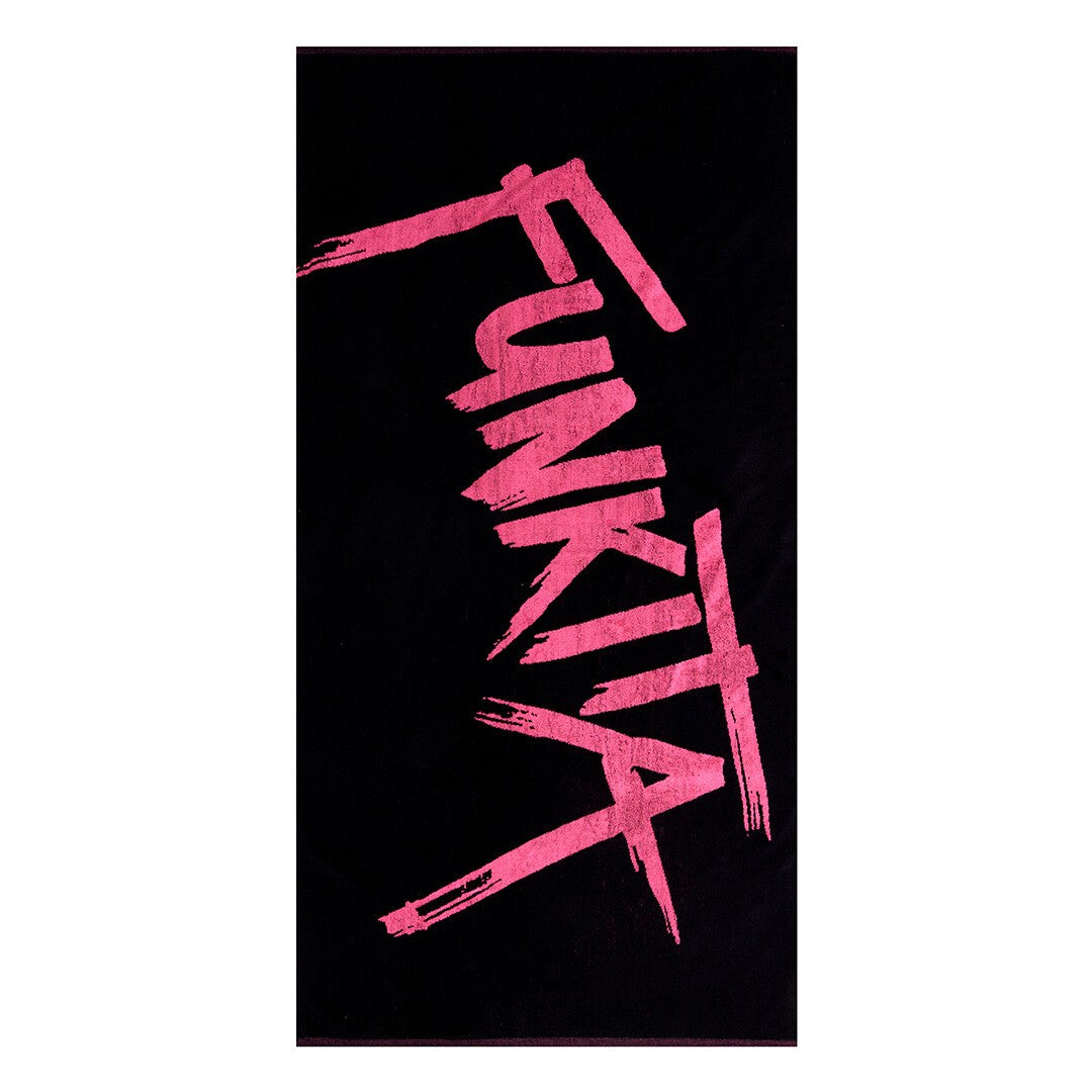Black towel with pink 'Funkita' text on a white background