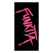 Black towel with pink 'Funkita' text on a white background